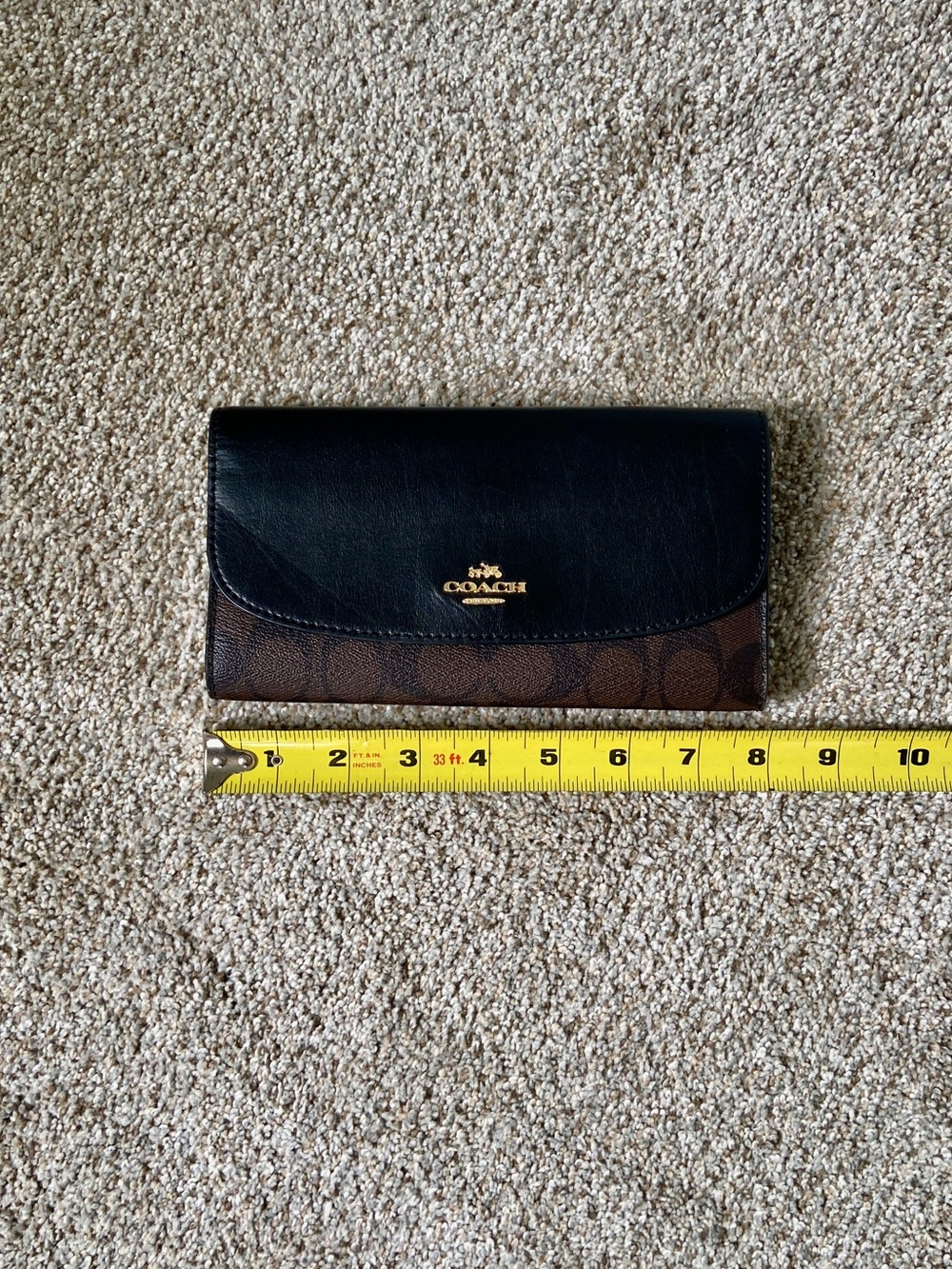COACH Signature Slim Envelope Wallet Brown Black Leather Long Flap Clutch - Picture 9 of 13